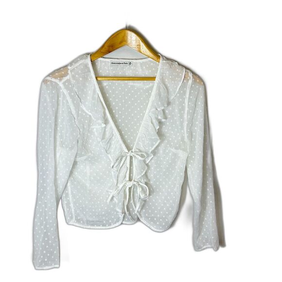 Abercrombie & Fitch White Sheer Swiss Dot Ruffled Tie Front LS Top Size M - Picture 2 of 11
